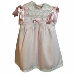 Vintage Heirloom Baby Girl Pink Smocked Dress Lace Trim Spanish Made 24M